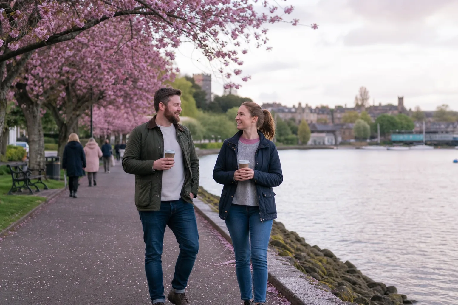 Two people talking beside the waterfront in Enniskillen, County Fermanagh