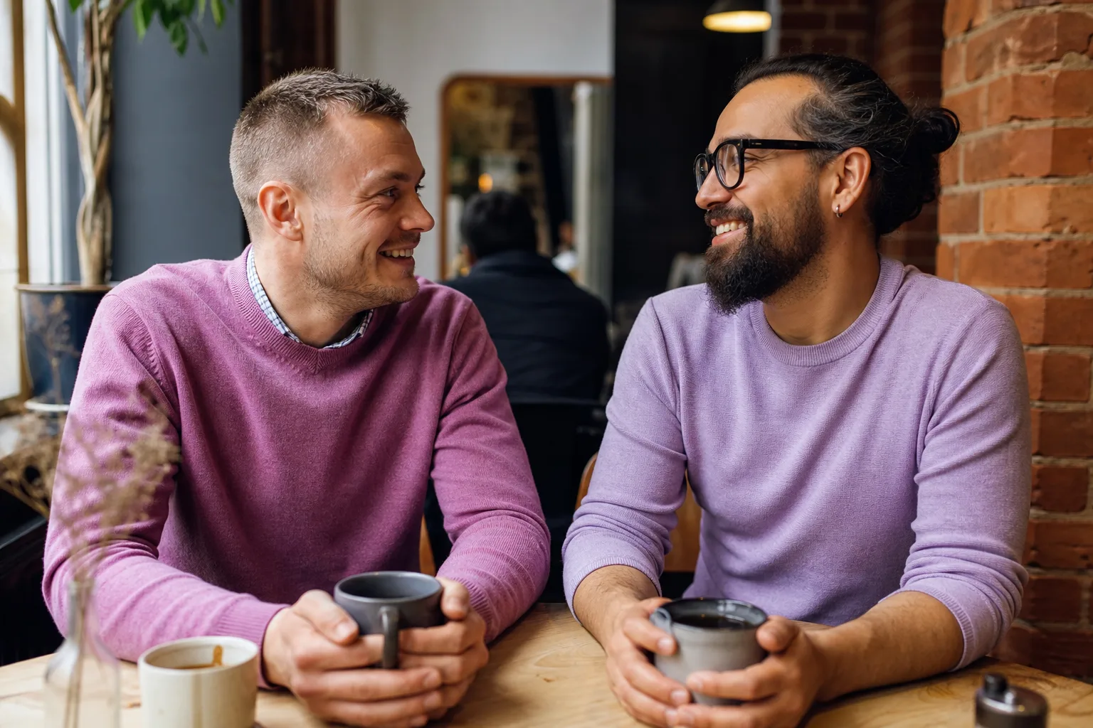Gay couple walking together through central Aylesbury