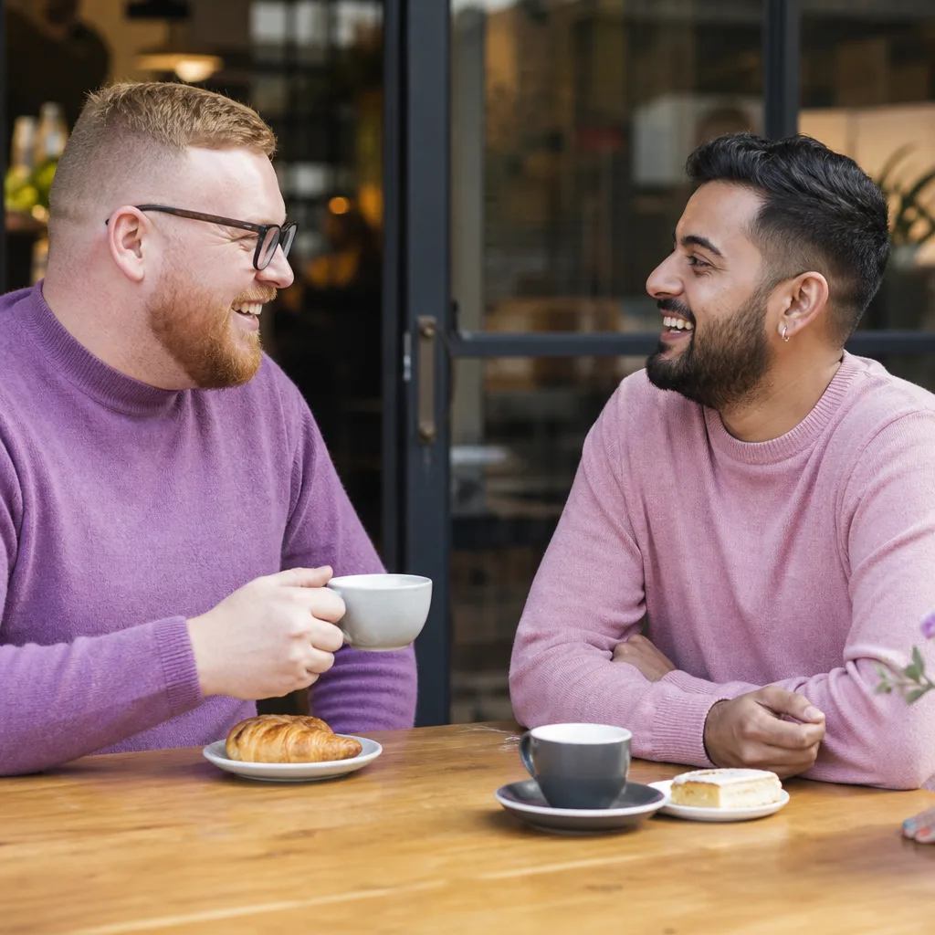 Two men talking over coffee near Aylesbury town centre